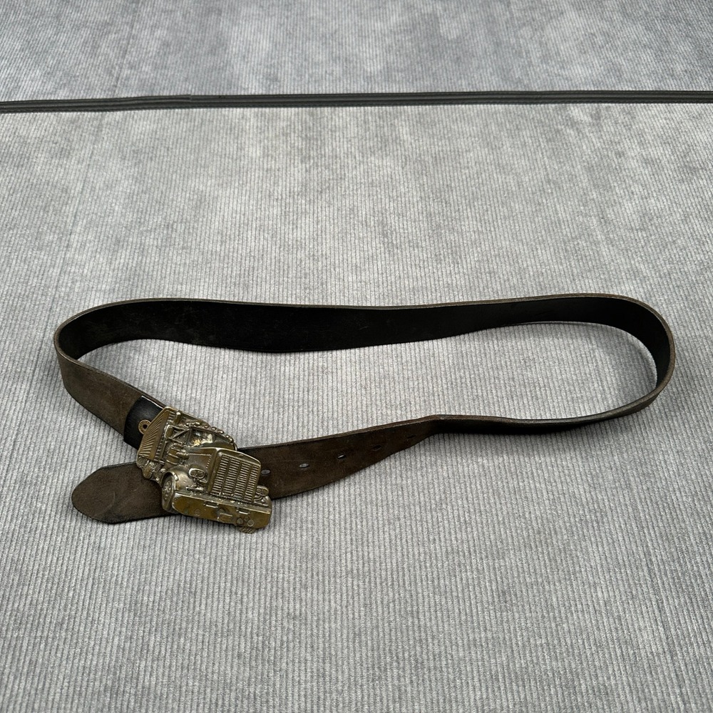 Vintage Semi Truck Belt Brass Tone Big Rig Buckle Brown Leather Mens 43in
